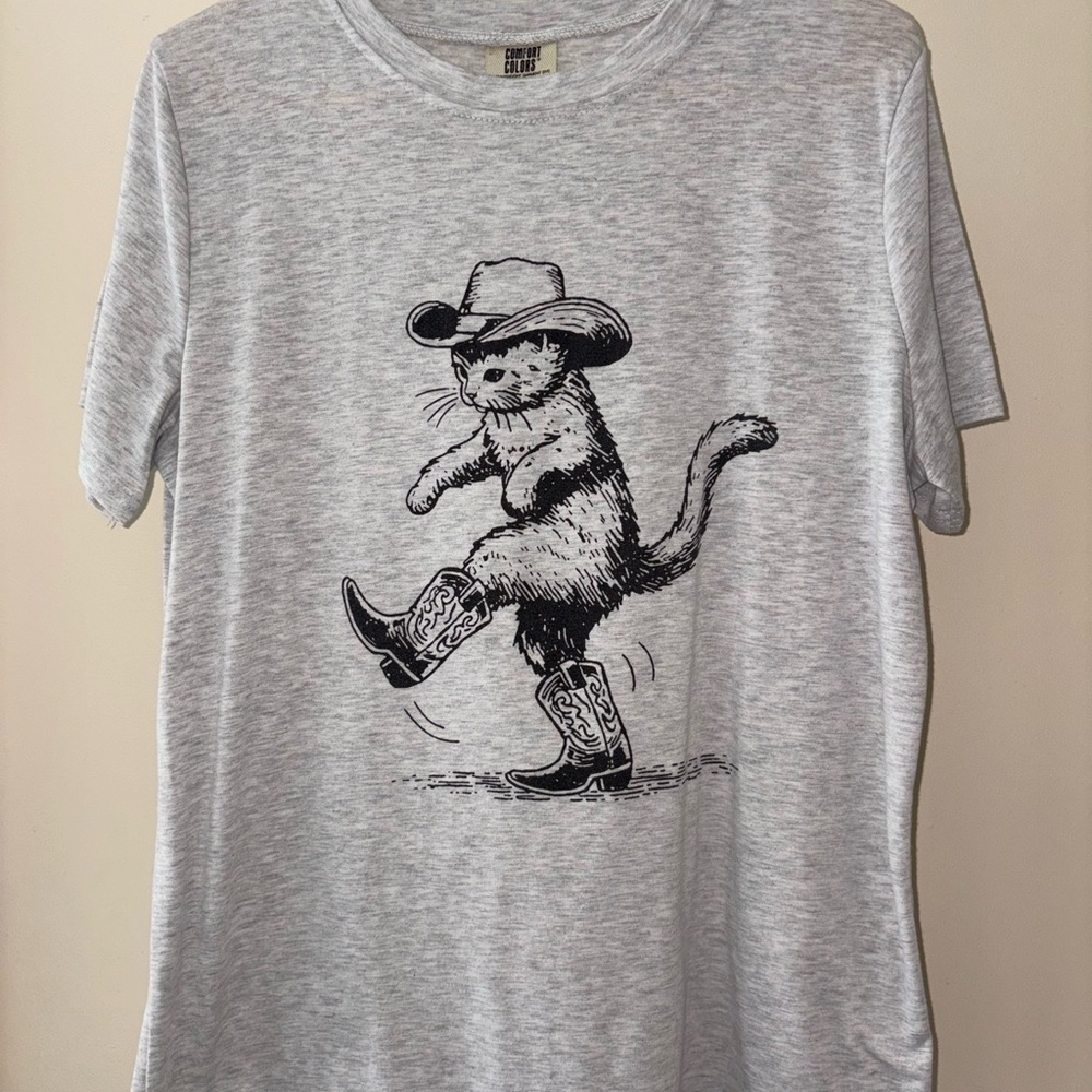 Comfort Colors Light Gray Tee with Black Cowboy Cat Graphic